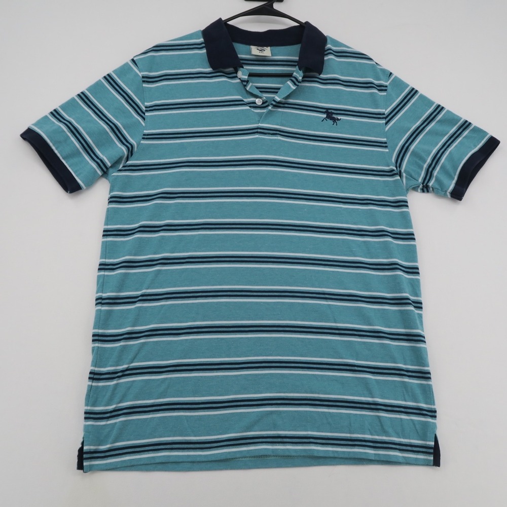 Dino Robert Mens XXL Striped Polo Shirt Teal Navy Blue Horse Logo Short Sleeve